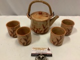 5 pc. lot of Asian stoneware tea set w/ pot and 4 cups, marked with sticker, see pics.