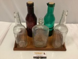 6 pc. lot of 5 vintage glass bottles and wooden tray.