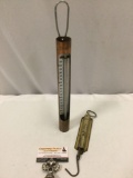 2 pc. lot: Palmer copper hanging thermometer, fish scale, approx 15 x 2 in.