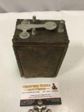 Antique wood box telegraph wire machine, approx 4 x 2 x 6 in.
