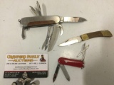 Lot of three vintage pocket knives, Swiss Army knife, Pakistan, multi tool, approx 3.5 x 1 in.