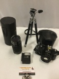 4 pc. 35 mm camera lot: Nikon EM, Soligar Zoo+Macro lens, Electronic Flash A16, fully extendable