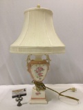 Vintage porcelain table lamp with shade, tested /needs maintenance, sold as is.