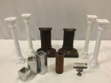 10 pc. lot of pillar shaped wood bookends / candle holders in 3 styles.