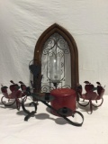 5 x assorted metal and wood framed candle holders plus one large unused candle