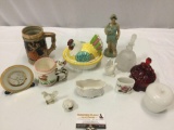 13 pc. lot of mixed vintage decor: stoneware stature, milk glass apple jar, childrens mug, lady