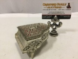 Vintage swiss music box shaped like a piano with Cupid design, tested and working