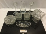 8 pc. lot of Crystal / glass home decor: kitchen jars, candy jars, candle stick holders, silver