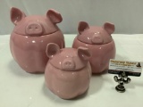 3 pc. lot of modern ceramic home essentials and beyond barnyard canister collection pink pig shaped