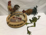 Country scene lazy Susan , two metal roosters and a frog
