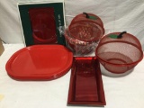 Lot of home serving decor 4x Chargers , 4 oval and 2 rectangle trays , 4 wire baskets w 2/ lids