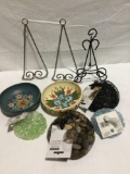 Collection of decorative rock and glass fillers + 2x hand painted wooden bowls + metal display