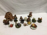 Collection of composite figurines / 2x egg timers / and a clay turtle planter