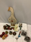 Lot of mixed Country home decor: faux fruits, welcome goose, and more.