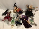 8 pc. lot of nice WITCH Flying Witches holiday decor figures, Witches of Penske w/ tag.