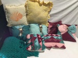 Large collection of gently used decorative throw pillows and a real Afghan