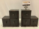 Pair of wooden book ends with 3 drawers in each, approx 9 x 5 x 9 in.