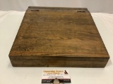 Vintage wood school desk pencil and paper box, approx 13 x 14 x 3.5 in.