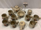 12 pc. lot of Home and Garden Party stoneware table setting: mugs, tea pot, bowl, sugar bowl,