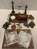 Nice lot of modern fruit and veggie shaped home decor, placemats, wood serving tray with metal