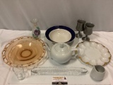 Vintage Home decor, gold rimmed milk glass deviled egg plate, colored glass bowl, teapot,