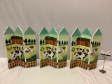 3 pc. lot of mini wood 3-panel dividers w/ farm / cow design. Approx. 14 x 18 in.