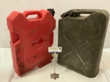 2 pc. lot: vintage metal US Army gas can, Roto Pax plastic gasoline container. Sold as is