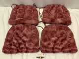 4 pc. Red tie-on chair cushions, good condition, approx 17 x 18 in.