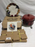 Set of 4 fruit themed plates , 8 x rooster 6x6 tile trivets and food server all New