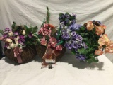 3 x wicker hanging baskets with faux flowers one is heart shaped