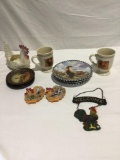 Collection of rooster themed items plates , cups, saucers, metal welcome door hanger
