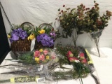 Large lot of decorative artificial flower arrangements and 2 wooden hanging baskets