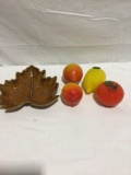 Selection of glass fruit and a mid century style glass leaf dish