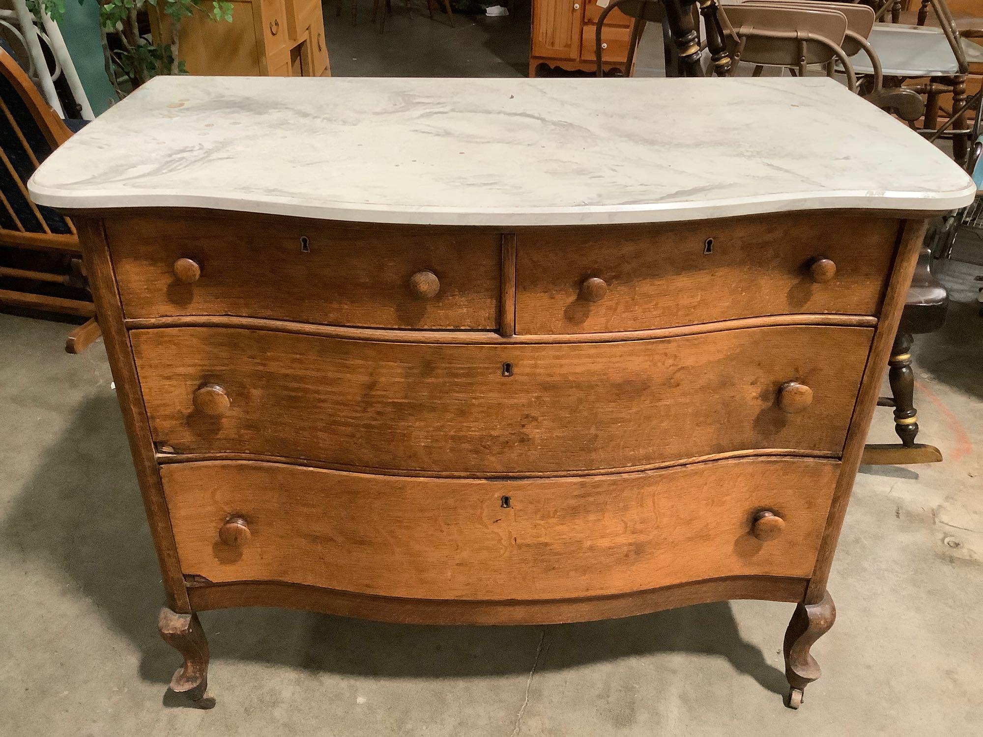 Antique oak serpentine dresser w/ faux marble | Proxibid Antique oak serpentine dresser w/ faux marble | Proxibid
