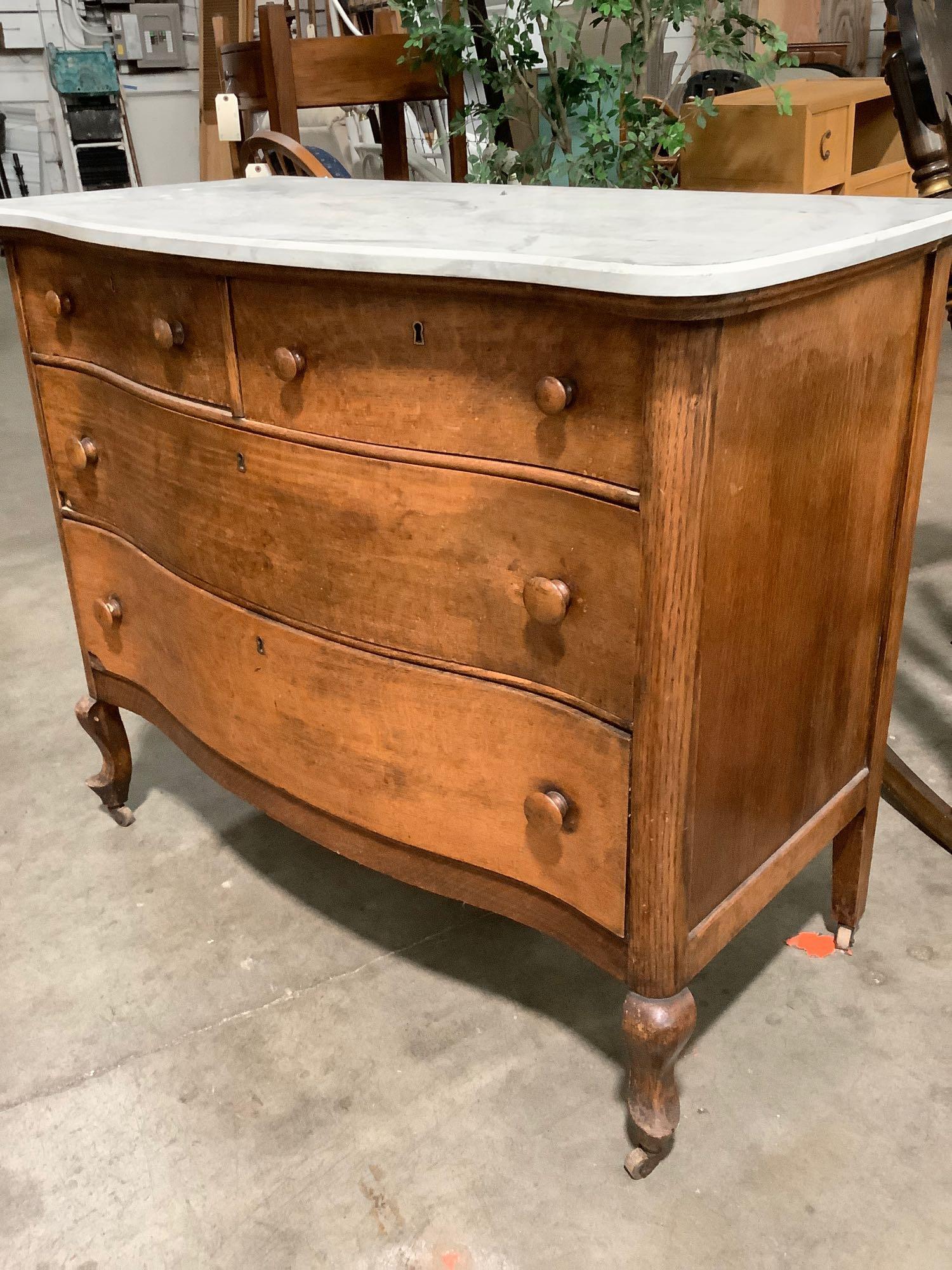 Antique oak serpentine dresser w/ faux marble | Proxibid Antique oak serpentine dresser w/ faux marble | Proxibid