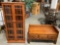 2 pc. lot of modern wood furniture, thin glass door display case, low bench seat w/ 3 drawers