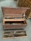 Vintage/antique wood trunk with vintage handtools, approx 36 x 19 x 16 in.