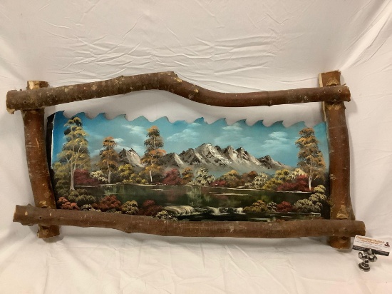 Natural log wood framed scenic mountain painting on cut metal , signed by artist Fonda, 05