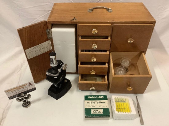 Vintage Sears power microscope kit with wooden case, slides, jars & more