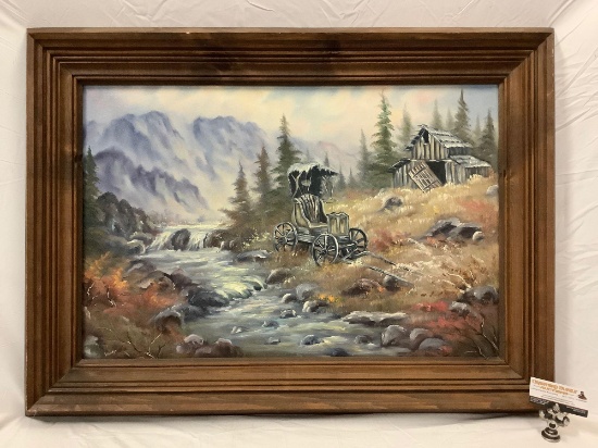 Large framed original canvas painting of abandoned mountain farm signed by artist Laney