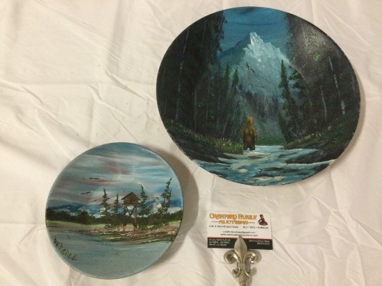 2 pc. lot of vintage hand-painted tin bowls: Alaska by Debbie Pierce, bear standing in creek.