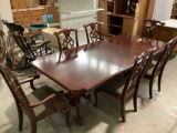 Modern wood dining table w/ 2 leaf, 6 matching chairs, approx 44 x 96 x 30 in.