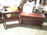 2 pc. lot of dark cherry stain wood furniture: Hawthorne Console Table w/ 2 drawers and media rack /