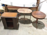 3 pc. lot of vintage wood furniture: Mersman 7344 round table w/ drawer, wood cabinet, side table