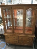 L & A Furniture 2-piece wood lighted hutch / cabinet w/ 4 drawers, 2 glass shelves, tested/ working