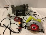 3 pc. power tools: Craftsman 1/3 HP Bench Grinder, Chicago Elec. 1/2 in. Hammer Drill w/ key, RYOBI
