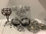 11 pc. lot of metal wire hanger planter baskets, rolling plant stands in package, metal wall art,