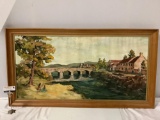 Large vintage framed original scenic village canvas oil painting of girls relaxing by river near