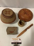 5 pc. lot of vintage Native American handmade crafts: woven basket w/ lid, wood blade w/ totem