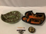 3 pc. lot of vintage ceramic cigarette ashtrays, 1 w/ matching lighter, 1 repaired, sold as is